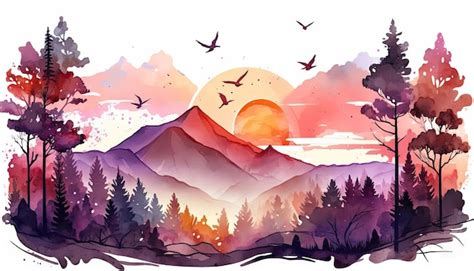 Premium AI Image | Watercolor sunset in mountains landscape