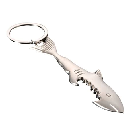 Unisex Creative Beer Bottle Opener Keychain Shark Shaped Portable Silver Key Ring Beer Can ...