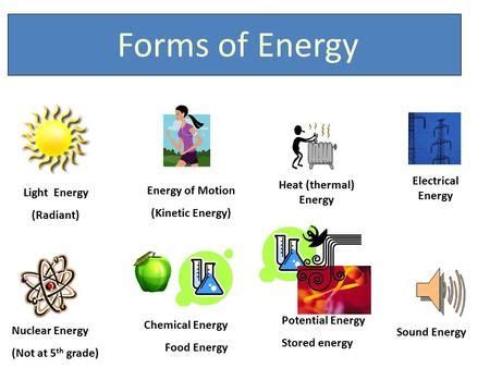 Light Energy (Radiant) Energy of Motion (Kinetic Energy) Heat (thermal) Energy Electrical Energy ...