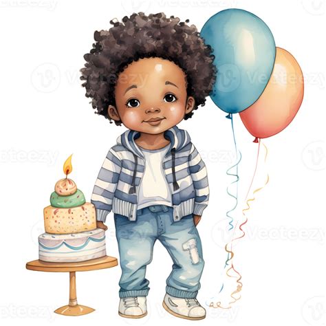 Cute Birthday Baby Boy African American Watercolor Clipart Illustration AI Generative 34120394 PNG