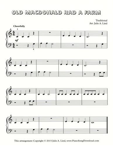 Old MacDonald Had A Farm: Free easy Sheet Music for piano