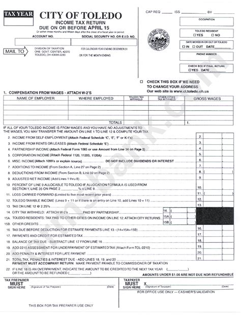 Income Tax Return - City Of Toledo printable pdf download