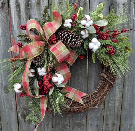 Holiday / Christmas Wreath / Grapevine Berry Wreath with Rustic Plaid ...