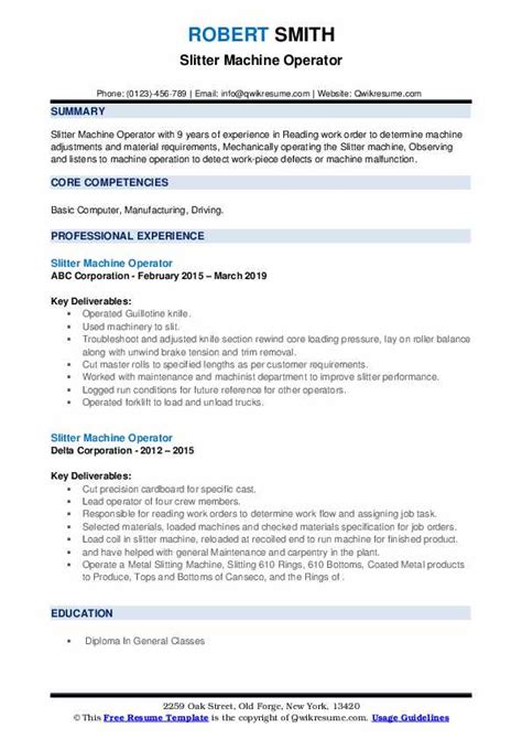 Slitter Machine Operator Resume Samples | QwikResume