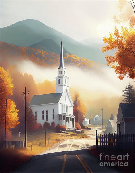 An Illustration of painting style autumn landscape, with church in the ...