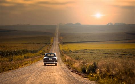 car, road, sunset, landscape, field, horizon HD Wallpaper