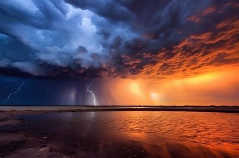 Premium AI Image | Lightning storm from shore with orange and blue colors