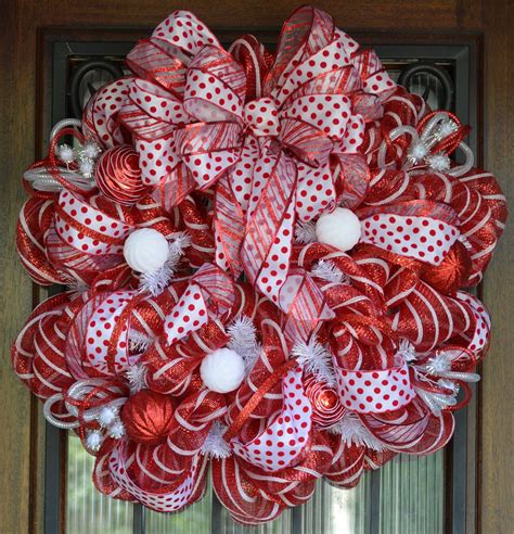 Red and White Christmas Deco Mesh Wreath