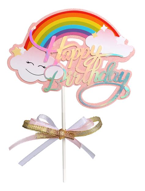 Buy Pink Glitter Happy Birthday Cake Topper - Cloud Rainbow Cake Decoration for Girl's Birthday ...