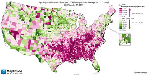 Age adjusted mortality rate diverging from average by U.S. county ...