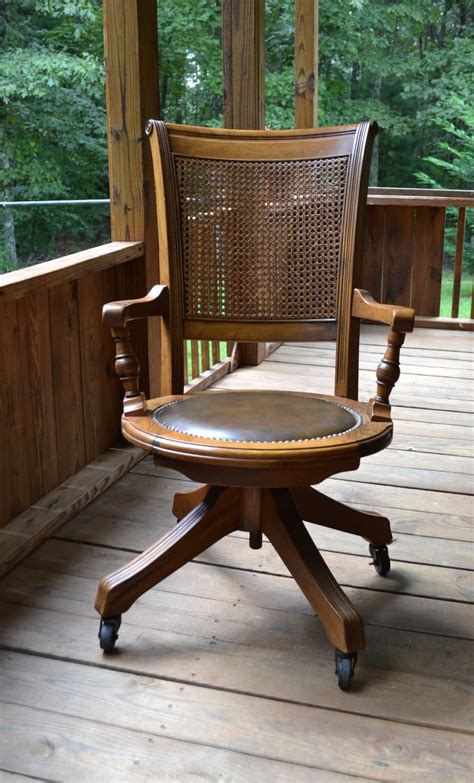 Vintage Wood Oak Office Chair Swivel Wheels Cane Back Vinyl | Etsy