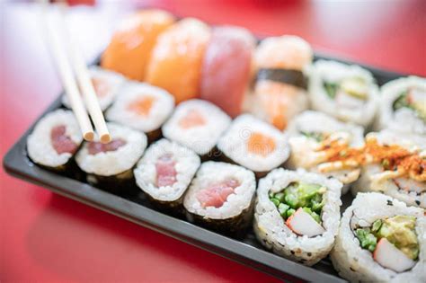 Japanese Take Away Food.Set of Sushi with Chopsticks Stock Image - Image of drink, japanese ...