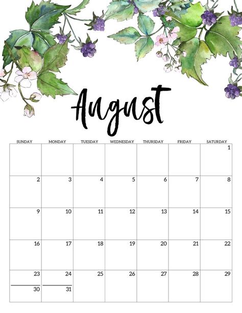 August 2020 Free Printable Calendar - Floral. Watercolor flower design calendar pages for a ...