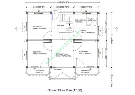 3 BHK House plan for 35' x 30' 1048 Square Feet 3d Elevation