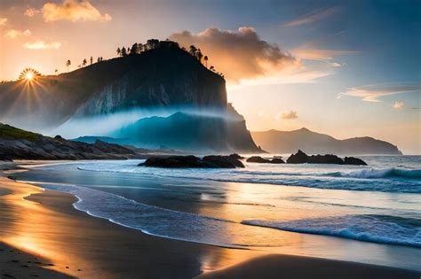 Premium AI Image | A sunset view of a beach with a mountain in the background.