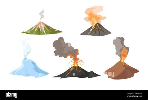 Erupting volcano with fire and smoke set Stock Vector Image & Art - Alamy