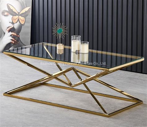 Hot Sale Modern Tea Table Design Gold Stainless Steel with Tempered ...