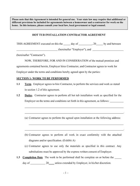 HOT TUB INSTALLATION CONTRACTOR AGREEMENT Form - Fill Out and Sign Printable PDF Template ...