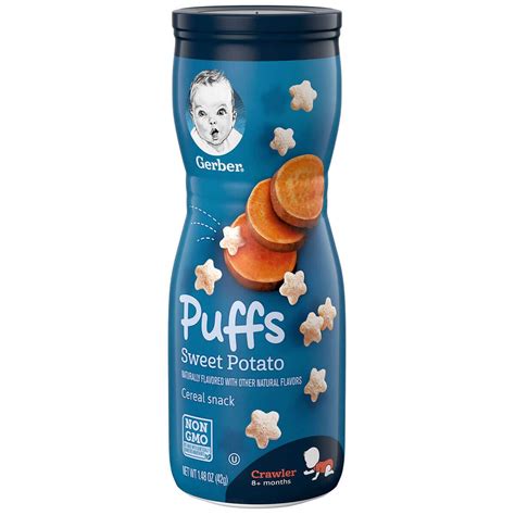 Gerber puffs sweet potato flavour are light, easy to dissolve snacks made from puffed cereal ...