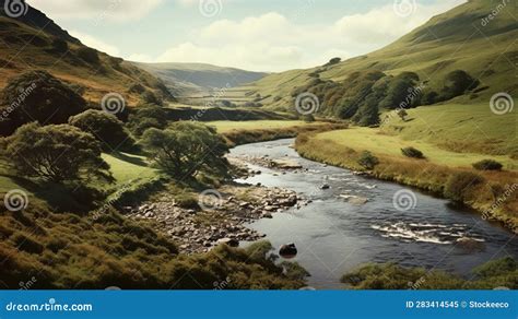 Scottish Landscape: River and Hills in Realistic Style Stock ...