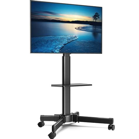 FITUEYES Movable Floor TV Stand with Wooden Shelf, Rolling TV Cart with Wheels for Bedroom ...