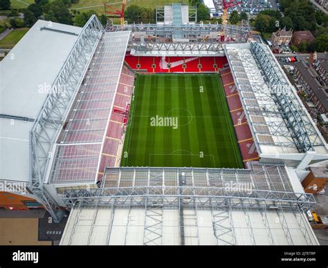 Anfield stadium home of FC Liverpool - aerial view - LIVERPOOL, UK ...