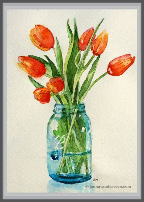 Watercolor Tulips in Blue Vase | Watercolor flower art, Watercolor ...