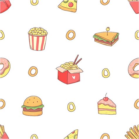 Premium Vector | Seamless pattern with fast food in a cute kawaii doodle style background ...