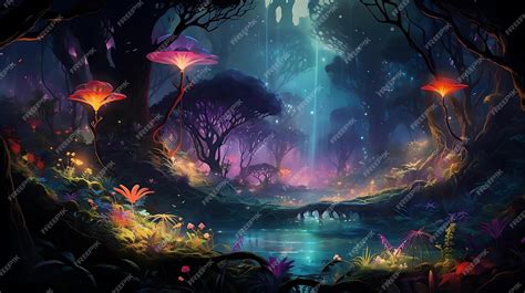 Premium AI Image | A dark forest with a waterfall and a pond with a ...