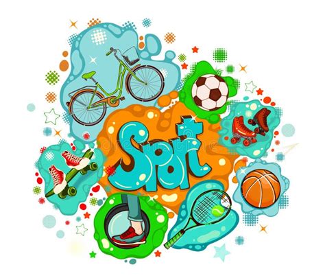 Sports Text and Sports Equipment Set. Graffiti. Vector Illustration ...