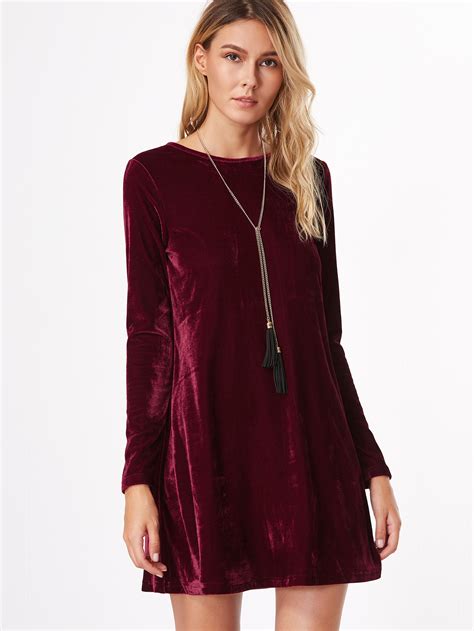 Burgundy Long Sleeve Velvet Tunic Dress -SheIn(Sheinside)