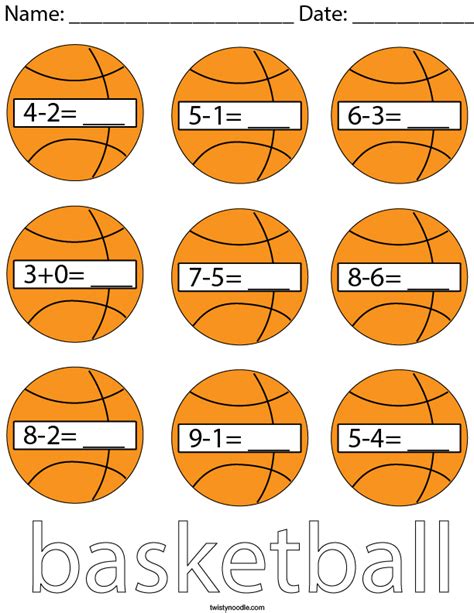 Basketball Subtraction Math Worksheet - Twisty Noodle