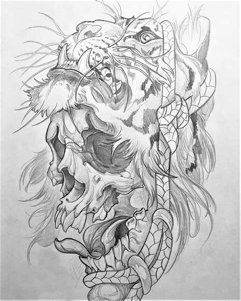 Tiger Head & Human Skull #1 | Skull tattoo design, Tiger tattoo ...