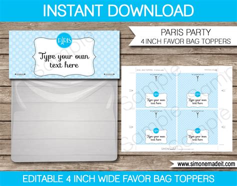 Blue Paris Favor Bag Toppers Template | Printable Birthday Party Favors