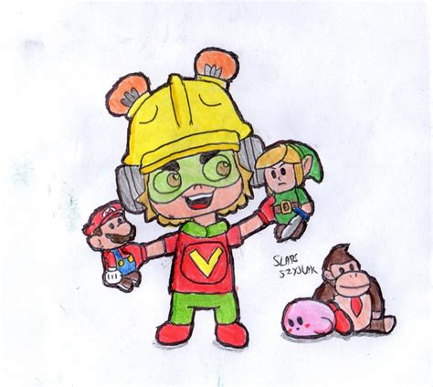 Here's a drawing of WarioWare's 9-Volt playing with some Nintendo plush ...