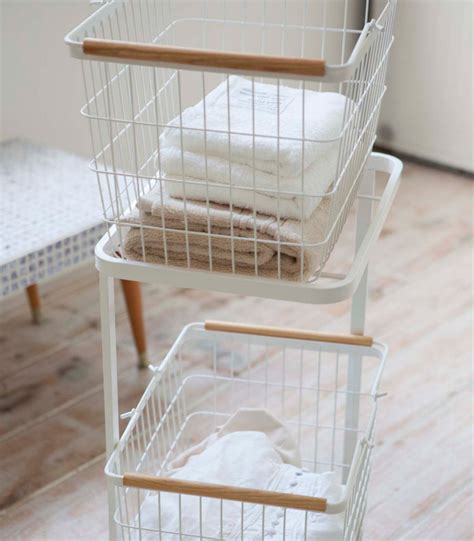 Rolling Laundry Cart + Wire Baskets - Steel + Wood - Yamazaki Home