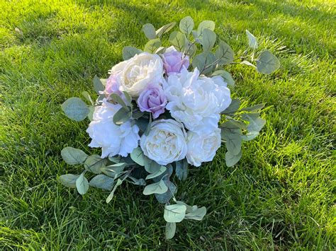 White garden roses, white peonies, lavendar roses, silver dollar eucalyptus Fresh Flower ...