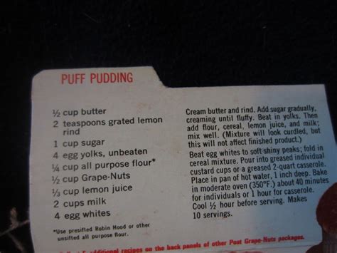 a close up of a menu for puff pudding