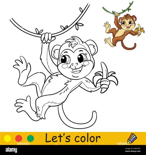 Cute cartoon monkey with a banana on a liana. Coloring book page with colorful template for kids ...