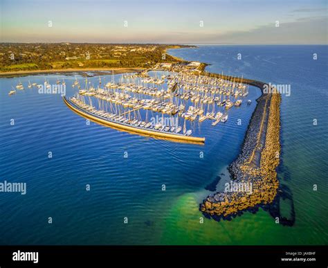 Aerial view of Sandringham Yacht club and marina at sunset. Melbourne ...