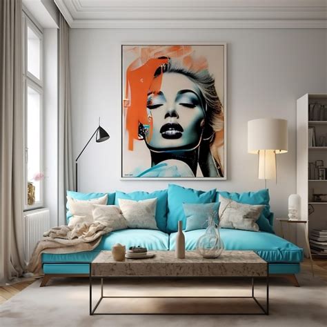 Premium AI Image | Modern living room with turquoise sofa and big posters