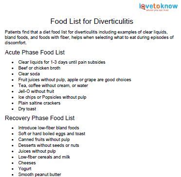 Diet Sheet for Diverticulitis | LoveToKnow in 2020 | Diverticulitis, Diverticulitis diet ...