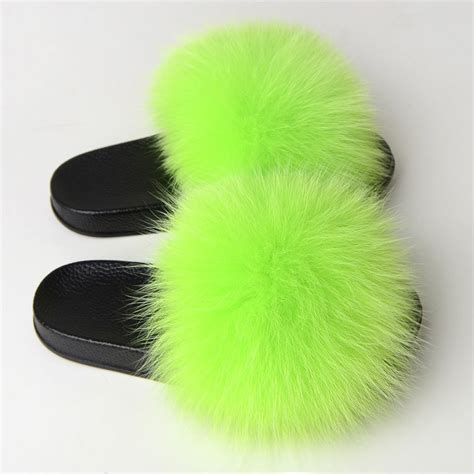 Chic Womens Fox Fur Slides Fuzzy Outdoor Slippers