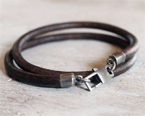 Mens Leather Bracelet with large sterling silver clasp gift