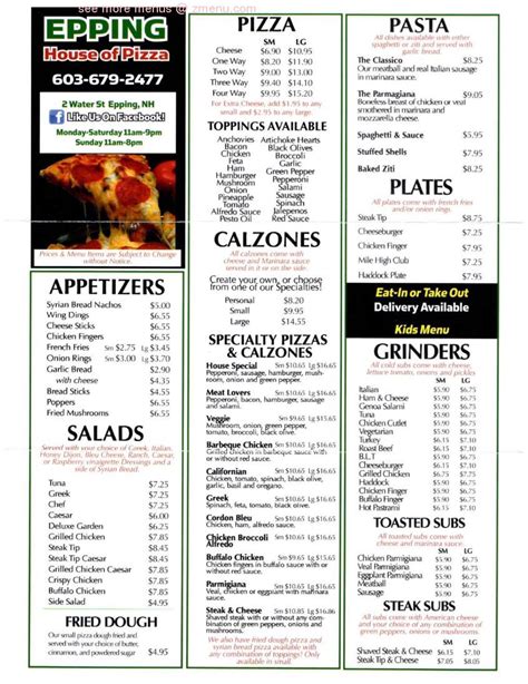 Online Menu of Epping House of Pizza Restaurant, Epping, New Hampshire ...