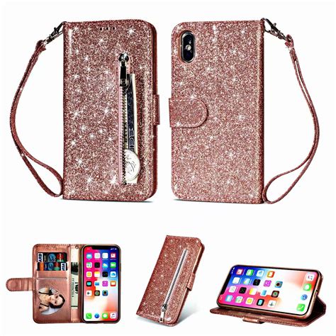 For Apple iPhone XS Max Wallet Leather Case Diamond Glitter Bling Zipper Stand Shockproof Cover ...