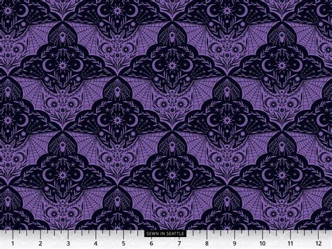 Halloween Fabric Patterned Purple Bats With Spiders, Webs, Moons, and Stars on Black 100% Cotton ...