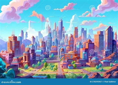 Abstract Futuristic Future City View, Beautiful Sunset. AI Generative Cartoon Style Illustration ...