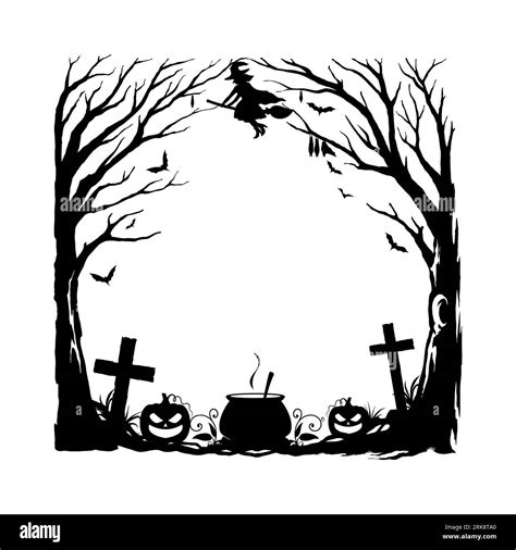 Halloween holiday black frame with cemetery, pumpkins, cauldron, witch flying on broomstick ...
