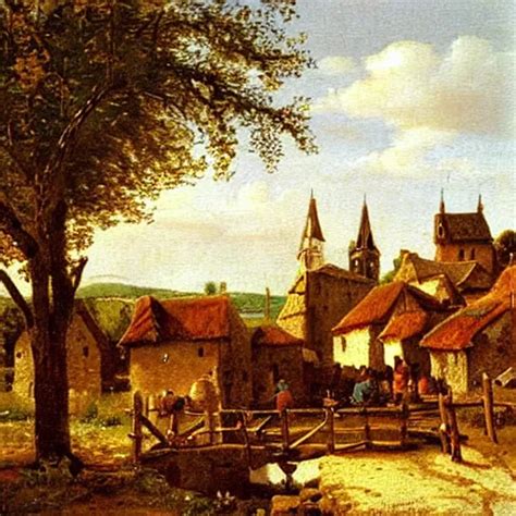 Landscape oil painting, small medieval European vill... | OpenArt